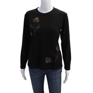 Natto Womens Floral Applique Long Sleeve Stretch Basic Shirt Black Size 1XL
